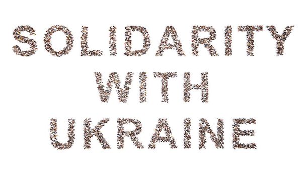 Concept conceptuele grote gemeenschap van mensen vormen SOLIDARITEIT MET UKRAINE boodschap. 3d illustratie metafoor voor solidariteit, samenwerking, mededogen, vriendelijkheid, eenheid, inspirerend, altruïsme, hulp - Foto, afbeelding