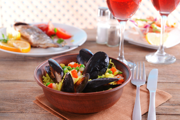 Seafood Paella on plate on table close-up - Foto, Imagem