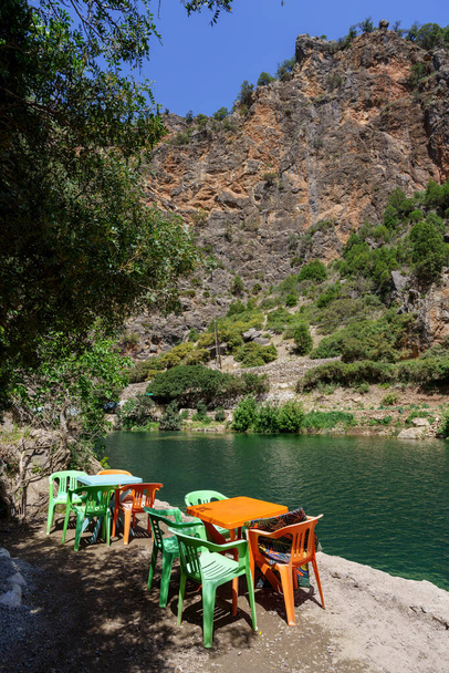 riverside restaurant, God's Bridge, Akchour, Talassemtane Nature Park, Rif region, morocco, africa - Photo, Image
