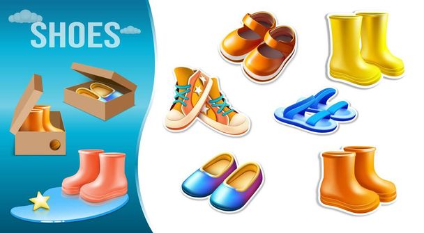 3d shoes set with composition of newly bought gifted shoes and isolated icons of different pairs vector illustration - Vettoriali, immagini