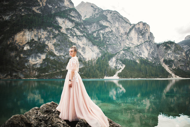 Beautiful bride posing near rocks against background the mountains. - 写真・画像