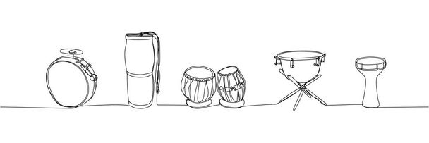 Drums set one line art. Continuous line drawing of play, drum, timpani, tulumbas, buhai, darbuka, bongos, big drum, buhalo and cymbal, music, percussion bass musician Hand drawn vector illustration - Vector, Image