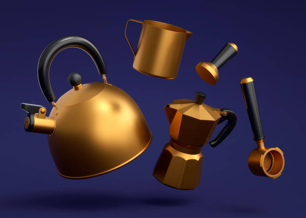 Espresso coffee machine with horn, kettle and geyser coffee maker for preparing breakfast on blue background. 3d render of coffee pot for making latte coffee - Photo, image