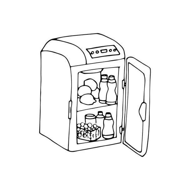 kézzel húzott kis hűtőszekrény autókhoz, gyümölcsökhöz és gyümölcsléhez nyitott hűtőszekrényben, vektor illusztráció, fehér alapon elkülönítve - Vektor, kép