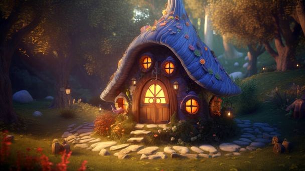Acogedora casa de elfos en la noche Bosque mágico, las luces están encendidas en la casa - Foto, Imagen