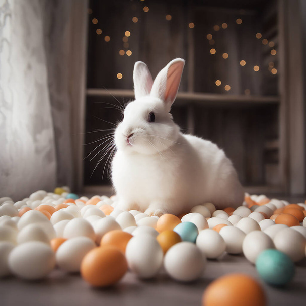 Пасхальный кролик с яйцами и кроличьими ушами на деревянном столе - Фото, изображение