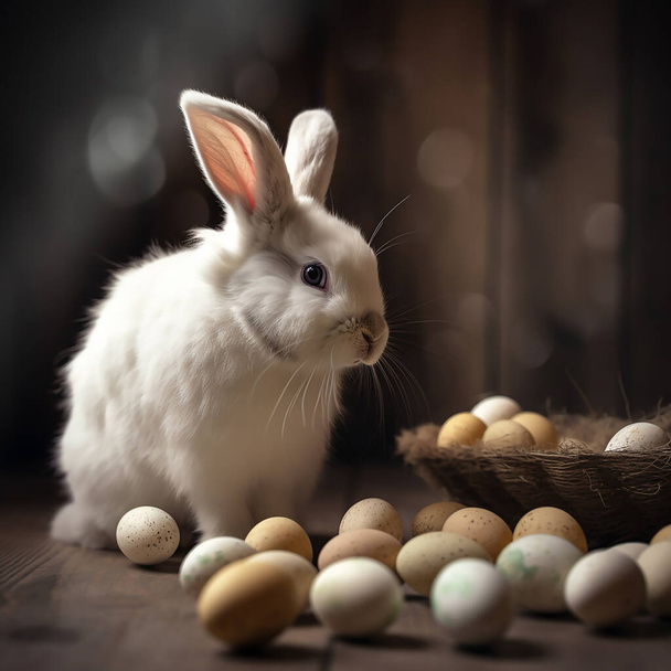 Tavşan kulaklı Paskalya tavşanı ve tahta masada yumurtalar. - Fotoğraf, Görsel