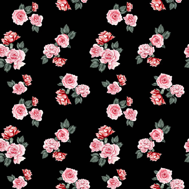 Watercolor flowers pattern, red tropical elements, green leaves, black background, seamless - Photo, Image
