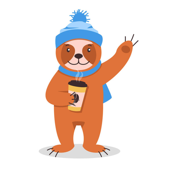 Raccolta di animali invernali. Un simpatico bradipo in cappello e sciarpa beve caffè caldo con lui e le onde. - Vettoriali, immagini