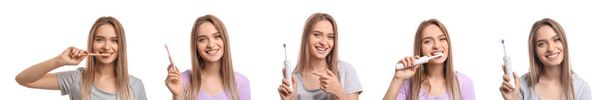 Set di giovane donna con diversi spazzolini da denti su sfondo bianco - Foto, immagini