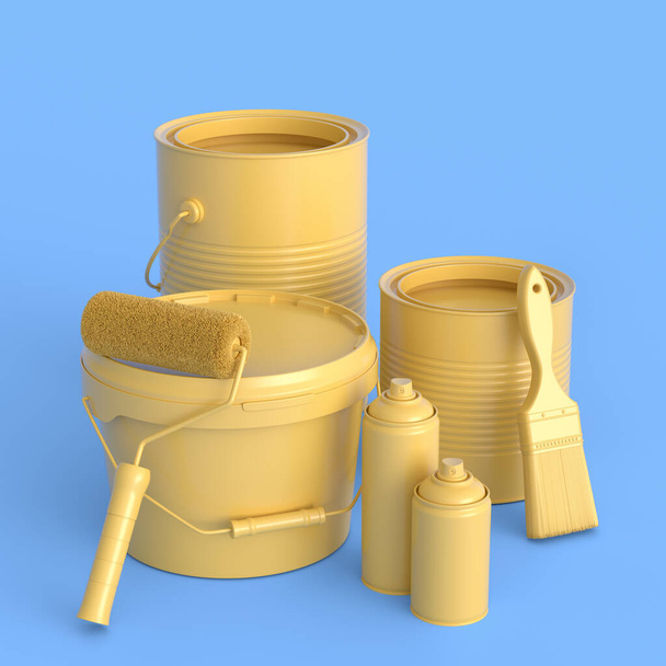 Set of metal and plastic buckets, spray paint, paint roller and brush for painting walls on monochrome background. 3d render of renovation apartment concept and interior design - Foto, immagini