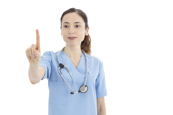 Жінка медсестра або лікар натискає кнопку
 - Фото, зображення