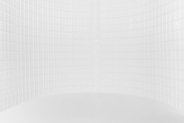 White abstract modern stage as curved alcove with tiny square ceramic tiles on wall and wood floor as empty interior, mockup for presentation cosmetic products, goods, design. Classic mosaic texture. - Zdjęcie, obraz