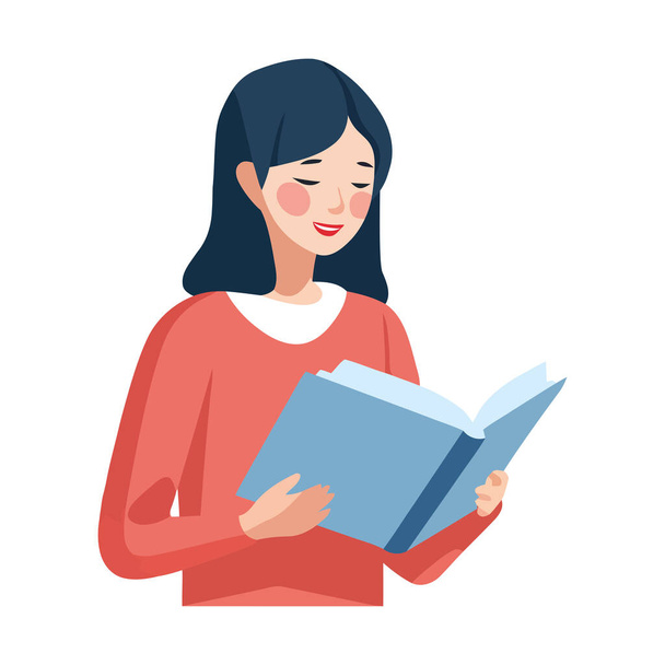 Mladá dospělá žena čtení literatury ikona izolované - Vektor, obrázek