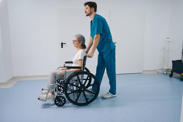 Caring nurse is carrying an elderly lady in a wheelchair along the hospital corridor, the room is bright and clean - Фото, изображение