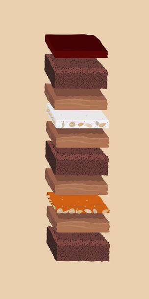 εικονογράφηση κέικ Snickers με καραμέλα, ξηρούς καρπούς και βουτυρόκρεμα. Φωτογραφία από κέικ για μενού ζαχαροπλαστικής. - Διάνυσμα, εικόνα