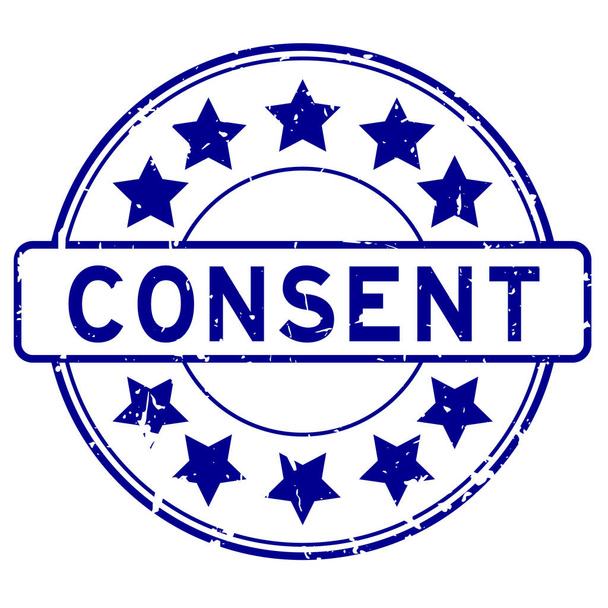 Grunge palabra de consentimiento azul con sello de sello de goma redonda icono estrella sobre fondo blanco - Vector, imagen