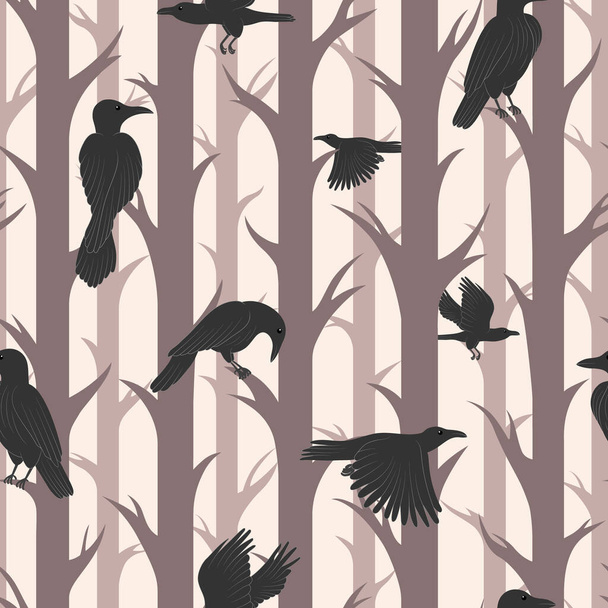Zökkenőmentes minta barna erdei fákkal és fekete hollókkal. Aranyos repülő madarak természetes környezetben. Varjú vadvilág. Lapos vektor illusztráció. - Vektor, kép