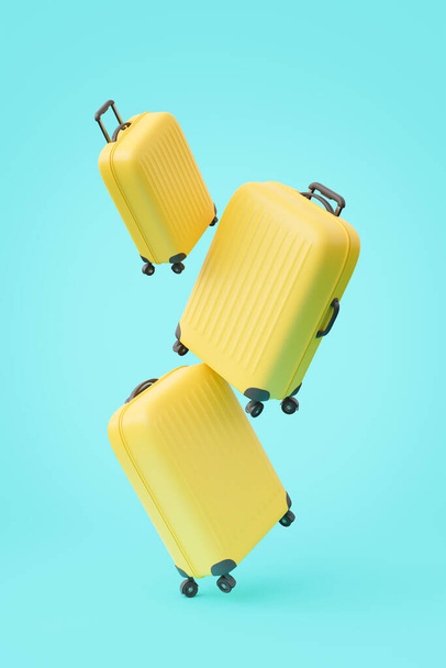3D rendering of set of similar bright yellow suitcases levitating against blue background - Photo, Image