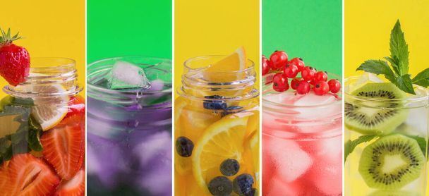 Koláž letního pití. Limonáda s bobulemi a ovocem v nápojových sklenicích na barevném pozadí. Detailní záběr. - Fotografie, Obrázek