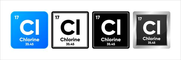 Kloorin kemiallinen alkuaine, jolla on 17 atomilukua, atomimassaa ja elektroniikan arvoa. Jaksoittaisen taulukon käsite. Logo neljä mallia. Yksinkertainen musta, realistinen ja väri logo. Vektoriesimerkki - Vektori, kuva