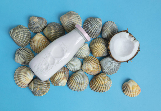 A bottle of vegan coconut milk and a piece of coconut lies on seashells on a blue background, alternative milk concept, top view - Fotoğraf, Görsel