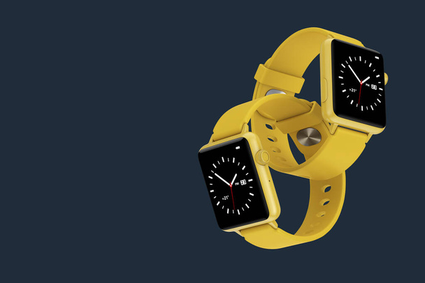 Gelbe moderne Smart Watch Mockups Connected Together auf dunkelblauem Hintergrund. 3D-Darstellung  - Foto, Bild