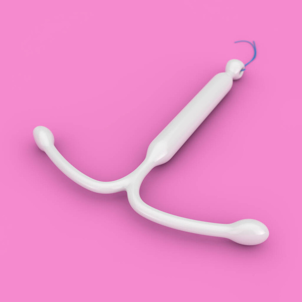 誕生管理の概念。T字型｜IUDホルモン注射器ピンクを背景にしたデバイス。3Dレンダリング  - 写真・画像