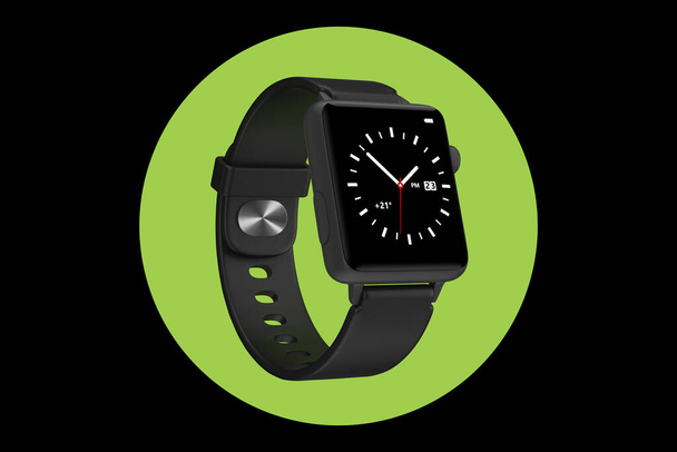 Black Modern Smart Watch Mockup na zeleném kruhovém pozadí. 3D vykreslování  - Fotografie, Obrázek