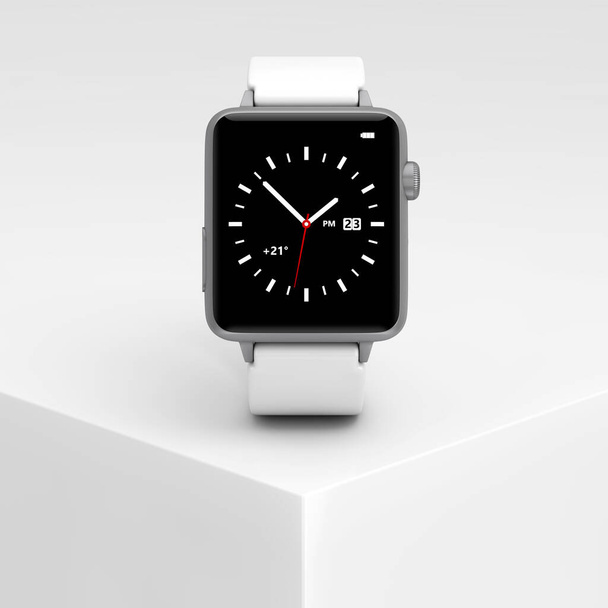 White Modern Smart Watch Mockup on a White Product Presentation Podium Cube extreme closeup. 3d Rendering  - Photo, Image