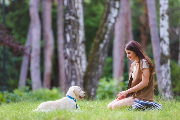 kaunis nainen kouluttaa koiransa ulkona - Valokuva, kuva