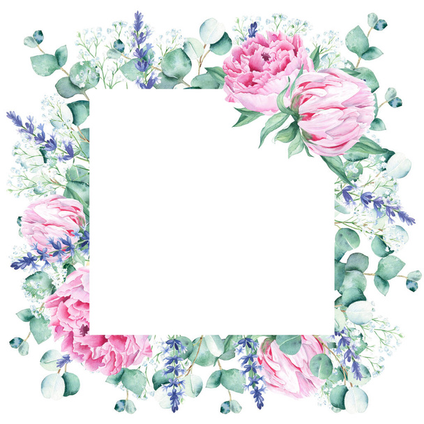 Watercolor square frame, pink peonies, eucalyptus, gypsophila and lavender branches. Hand drawn botanical illustration isolated on white background. Ideal for stationery, invitations, save the date - Fotó, kép