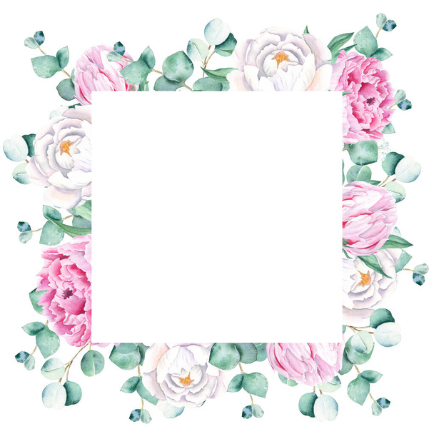 Watercolor square frame, pink and white peonies, eucalyptus branches. Hand drawn botanical illustration isolated on white background. Ideal for stationery, invitations, save the date, wedding - Photo, image