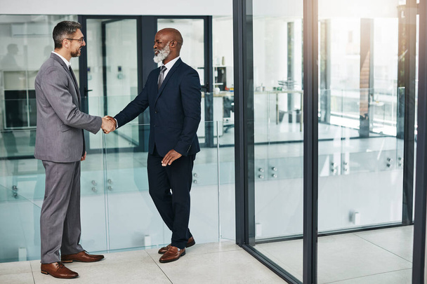 Stop nooit met het opbouwen van betekenisvolle relaties. twee zakenmannen schudden handen in een modern kantoor - Foto, afbeelding