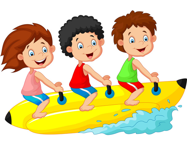 バナナ ボートに乗って幸せな子供漫画 - ベクター画像
