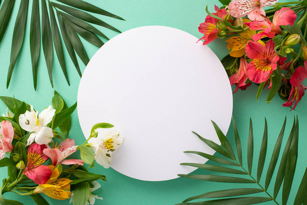 Sweet summer concept. Top view flat lay of vibrant alstroemeria flowers with tropical palm leaves on pastel teal background with circle for text or promotion - Photo, image