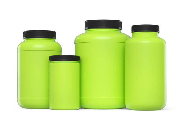 Set of green plastic jar for sport nutrition whey protein and gainer powder isolated on white background. 3d rendering of sport supplement for crossfit, trx and powerlifting workout - Foto, Imagem