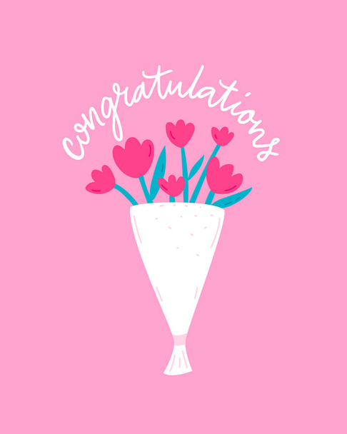 Congratulations flowers greeting card, bouquet illustration with curly handwritten text on pink background. Birthday card design, mothers day art. - Vecteur, image