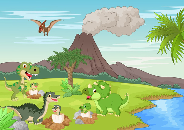 Terreno de anidación de dinosaurios de dibujos animados
 - Vector, Imagen