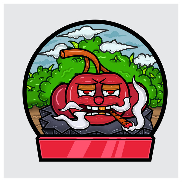 Cherry Fruit Cartoon Character Do Smoking In Jungle. Blank Sign and Circle Logo. - Vector, Image