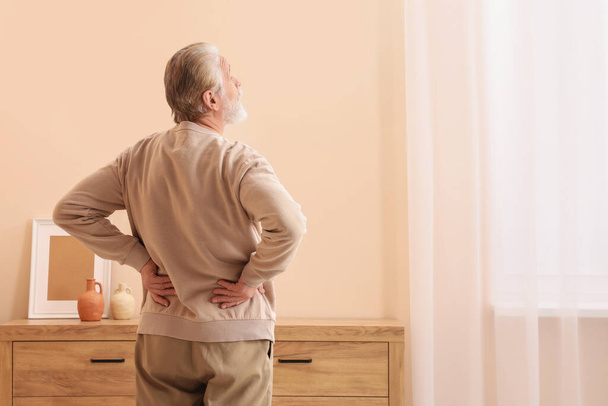 Senior man suffering from pain at home, back view with space for text. Arthritis symptoms - 写真・画像