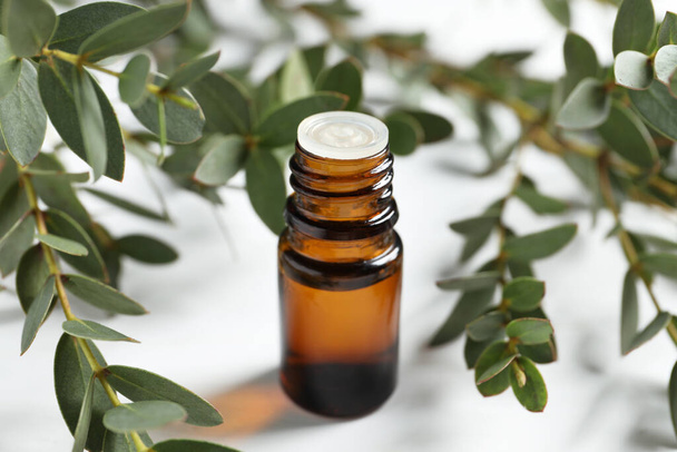 Bottle of eucalyptus essential oil and plant branches on white table, closeup - Фото, зображення