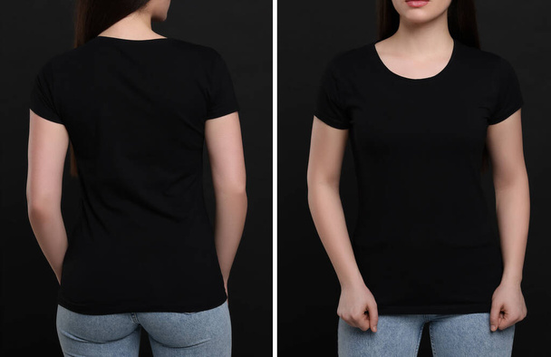 Woman wearing black t-shirt on dark background, back and front views. Mockup for design - Fotó, kép