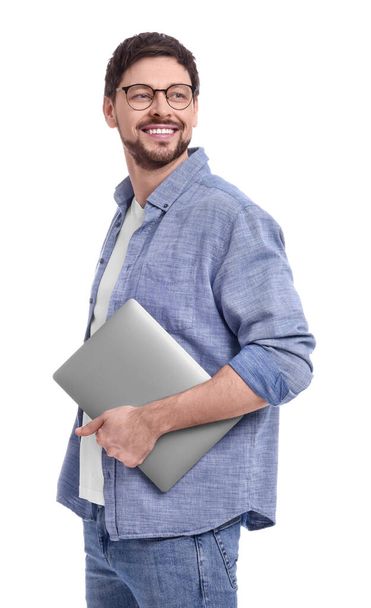 Happy man with laptop on white background - Φωτογραφία, εικόνα
