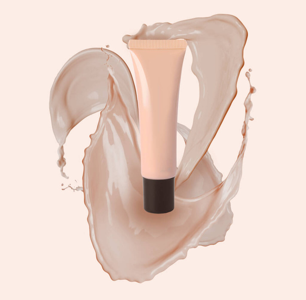 Liquid foundation in tube and splashes of makeup product on light beige background - Фото, зображення