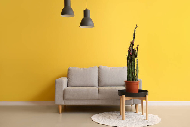 Acogedor sofá y olla con cactus en la mesa cerca de la pared amarilla - Foto, Imagen