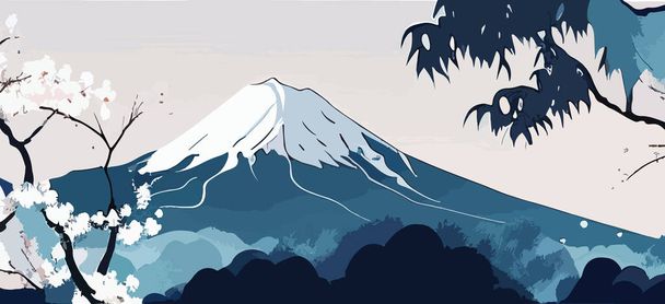 El monte Fuji cubierto de nieve y los cerezos florecen contra el cielo. Para su diseño. - Vector, imagen