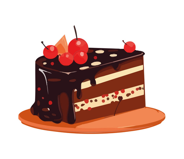 Zoete taart met chocolade en fruit decoratie icoon geïsoleerd - Vector, afbeelding