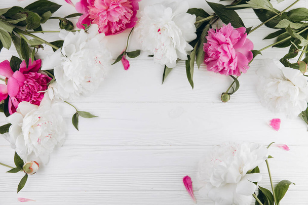Pink and white peonies on a white wooden background, copy space, flat lay, greeting card. - Photo, Image