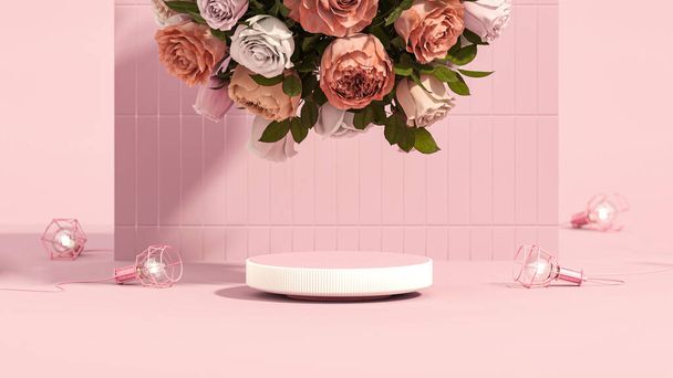 3d background product display podium with light bulb, rose flower, glass wall. Stage showcase on pedestal display pink background studio. Women day, mother day, holiday. Trendy 3d render - Foto, afbeelding